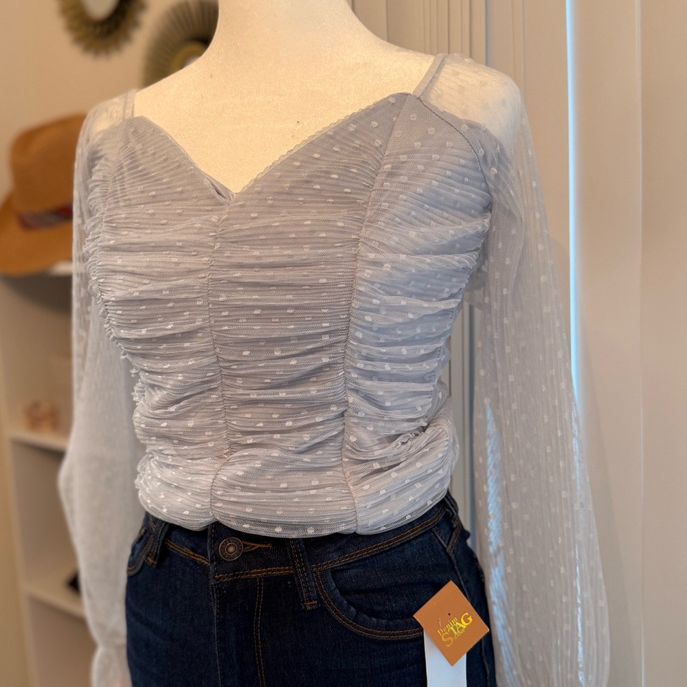 Blue Ruched Blouse with Elegant Sleeves